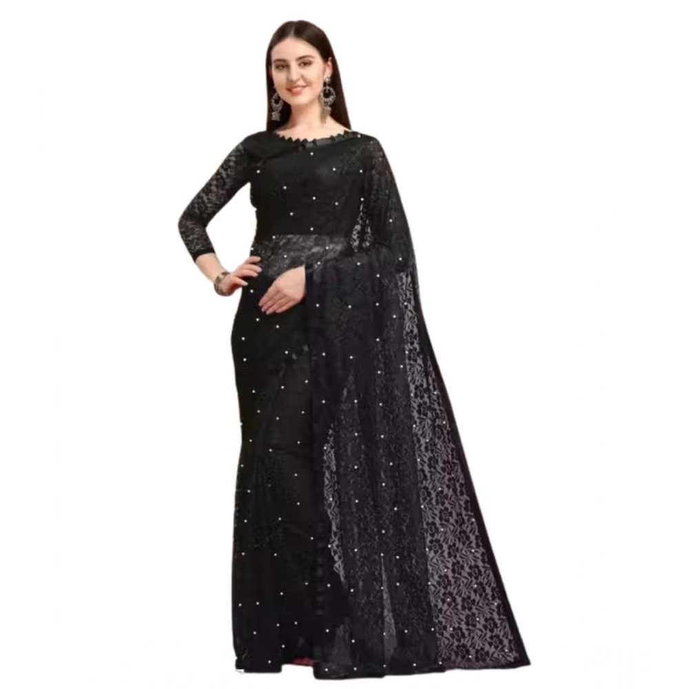 Women's Net Self Design Saree With Unstitched Blouse 5.5Mtr (Black)