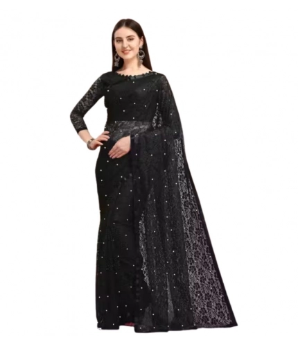 Women's Net Self Design Saree With Unstitched Blouse 5.5Mtr (Black)
