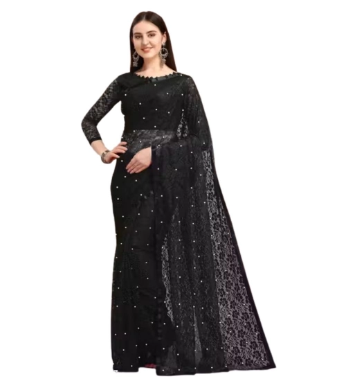 Women's Net Self Design Saree With Unstitched Blouse 5.5Mtr (Black)