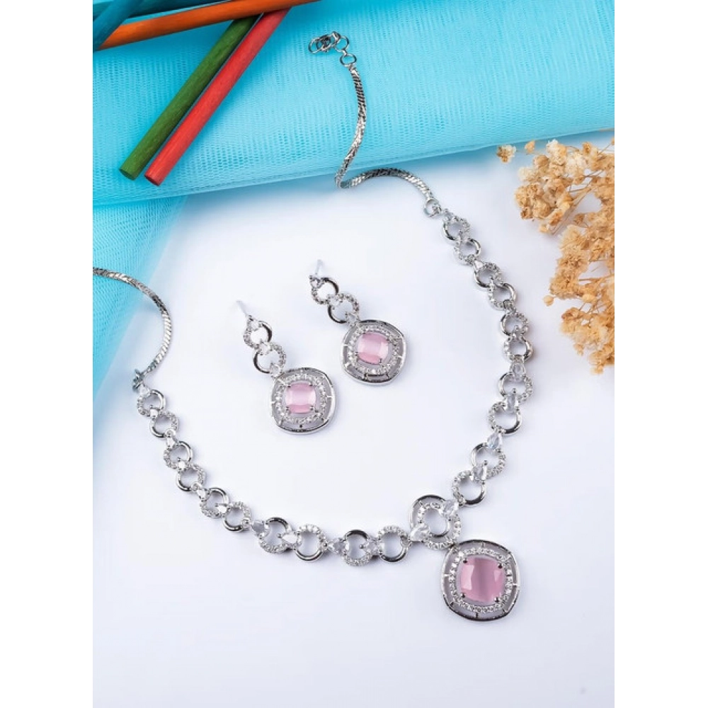 Women's Brass Silver Plated Necklace set (Pink)