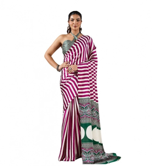 Women's Satin Crepe Printed Saree With Unstitched Blouse 5.5Mtr (Magenta)