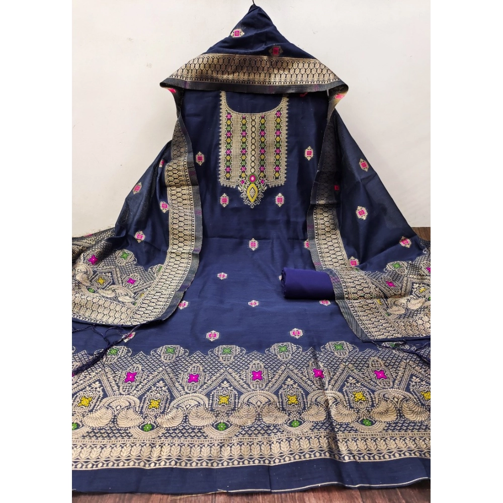 Women's Banarasi Silk Printed Unstitched Salwar Suit Material With Dupatta (Navy Blue, 3Mtrs)