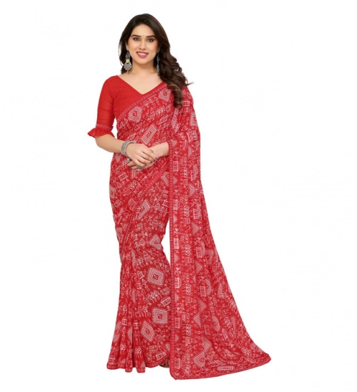 Women's Georgette Printed Saree With Unstitched Blouse 5.5Mtr (Red)