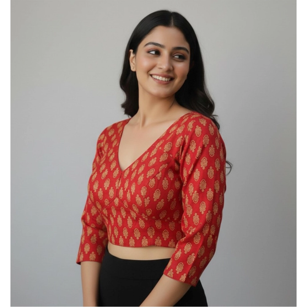 Women's Ajrakh Cotton Printed Halter Neck Padded Blouse (Red 38 Ready (Self Alterable 36–40)
