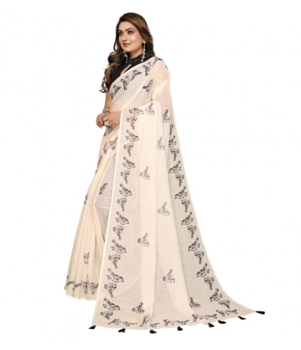 Women's Linen Cotton Printed Saree With Unstitched Blouse 5.5Mtr (Off White)