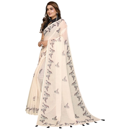 Women's Linen Cotton Printed Saree With Unstitched Blouse 5.5Mtr (Off White)