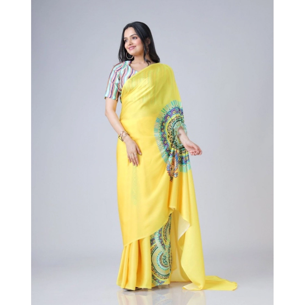 Women's Soft Crepe Silk Printed Ready To Wear Saree With Unstitched Blouse 5.5Mtr (Yellow) Women's Soft Crepe Silk Printed Ready To Wear Saree With Unstitched Blouse 5.5Mtr (Yellow)