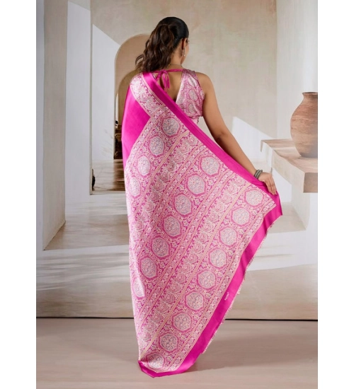 Women's Satin Crepe Printed Saree With Unstitched Blouse 5.5Mtr (Pink)