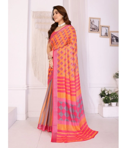 Women's Linen Cotton Printed Saree With Unstitched Blouse 5.5Mtr (Orange ) Women's Linen Cotton Printed Saree With Unstitched Blouse 5.5Mtr (Orange )