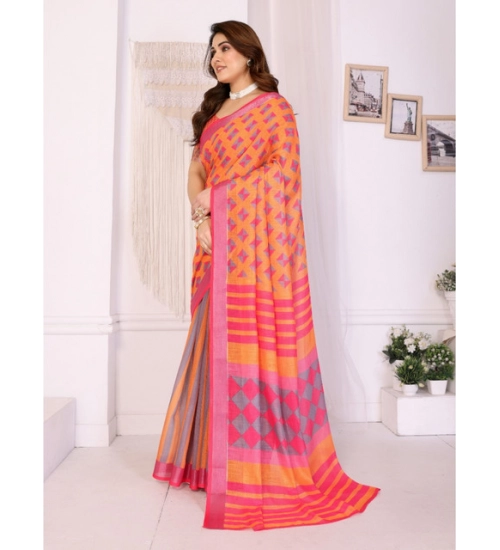 Women's Linen Cotton  Printed Saree With Unstitched Blouse 5.5Mtr (Orange )