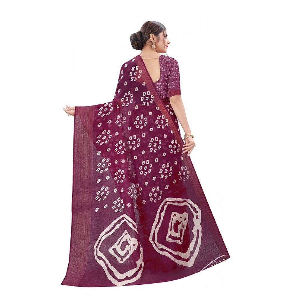 Women's Cotton Silk Bandhni Saree With Unstitched Blouse 5.5Mtr (Purple) Women's Cotton Silk Bandhni Saree With Unstitched Blouse 5.5Mtr (Purple)