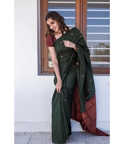 Women's Litchi silk Printed Saree With Unstitched Blouse (Dark Green)