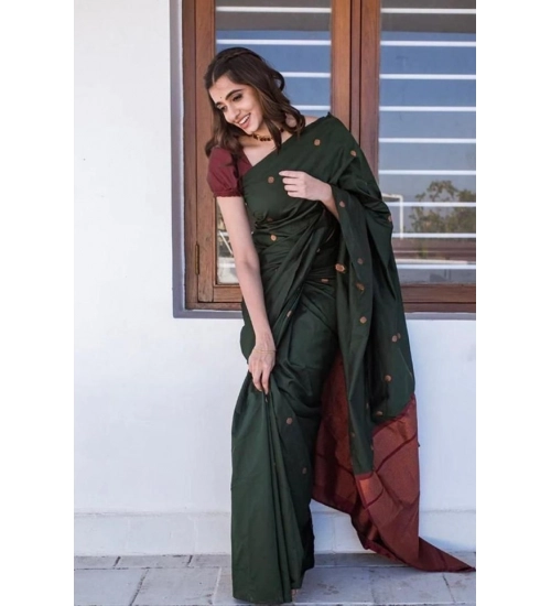 Women's Litchi silk Printed Saree With Unstitched Blouse (Dark Green)