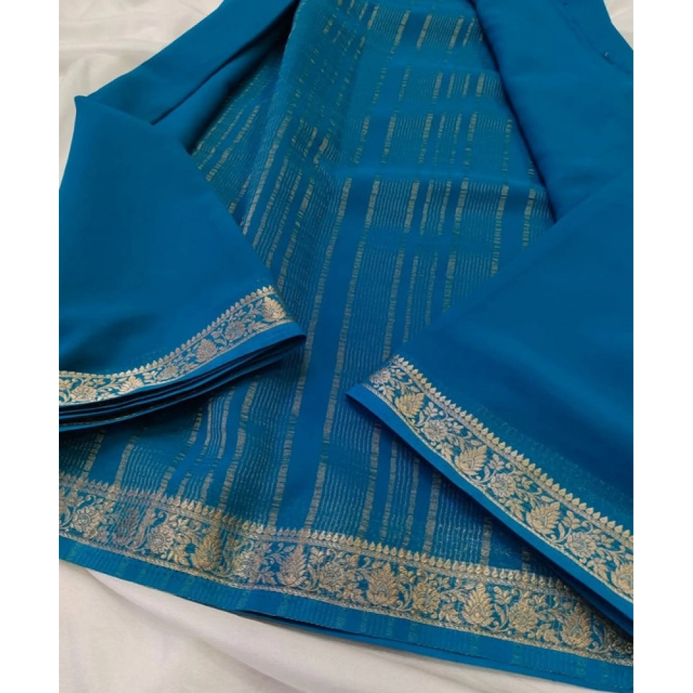 Women's Crepe Chit Pallu Solid Saree With Unstitched Blouse 5.5Mtr (teal blue)