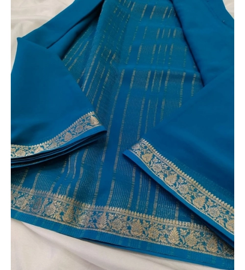 Women's Crepe Chit Pallu Solid Saree With Unstitched Blouse 5.5Mtr (teal blue)