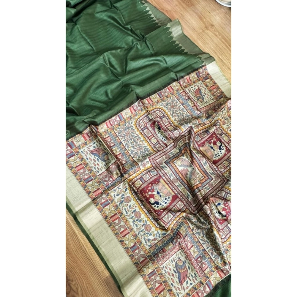Women's Tussar Silk Madhubani Saree With Unstitched Blouse 5.5Mtr (Green) Women's Tussar Silk Madhubani Saree With Unstitched Blouse 5.5Mtr (Green)