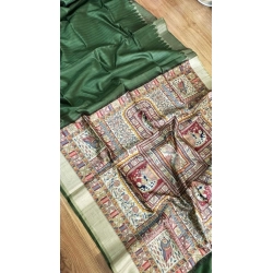 Women's Tussar Silk Madhubani Saree With Unstitched Blouse 5.5Mtr (Green)