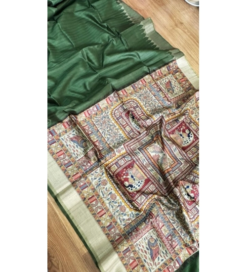 Women's Tussar Silk Madhubani Saree With Unstitched Blouse 5.5Mtr (Green)