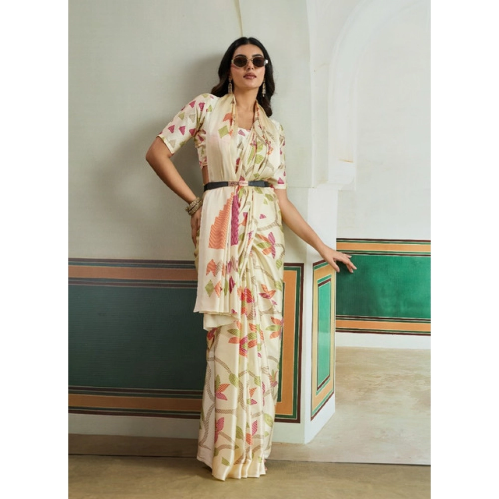 Women's Satin Crepe Printed Saree With Unstitched Blouse 5.5Mtr (Off White)