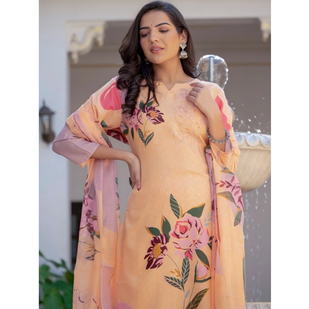 Women's Cotton Blend Printed Kurti With Pant Dupatta Set (Orange) Women's Cotton Blend Printed Kurti With Pant Dupatta Set (Orange)