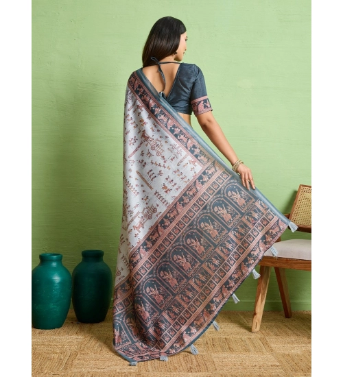 Women's Silk Blend Printed Saree With Unstitched Blouse 5.5Mtr (Grey)