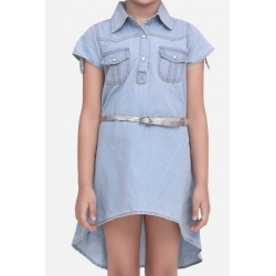 Girl's Denim Hi Lo Short Sleeve Dress with Belt (Blue)
