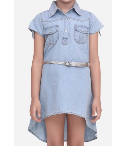 Girl's Denim Hi Lo Short Sleeve Dress with Belt (Blue)