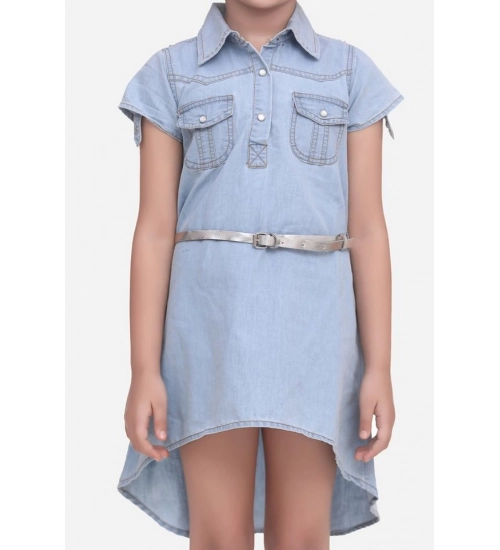 Girl's Denim Hi Lo Short Sleeve Dress with Belt (Blue)