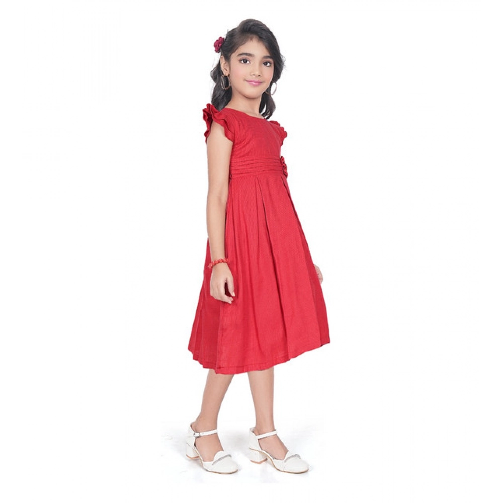 Girl's Rayon Soild Short Sleeve Round Neck Dress (Red)