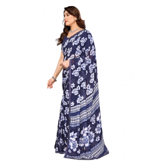 Women's Georgette Printed Saree With Unstitched Blouse 5.5Mtr (Blue)