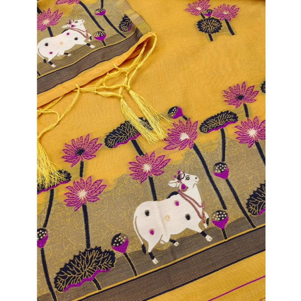 Women's Banarasi Silk Printed Unstitched Salwar Suit Material With Dupatta (Yellow, 3Mtrs)