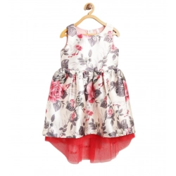 Girl's Polyester &amp; Net Inset Sleeveless Dress with Net Inset (Off White)