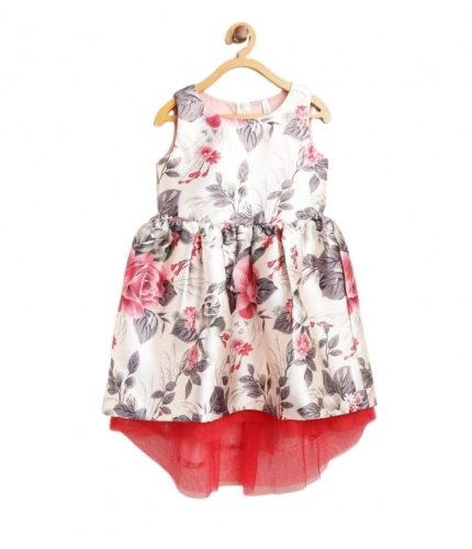Girl's Polyester &amp; Net Inset Sleeveless Dress with Net Inset (Off White)