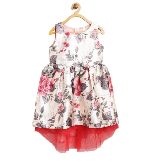 Girl's Polyester &amp; Net Inset Sleeveless Dress with Net Inset (Off White)
