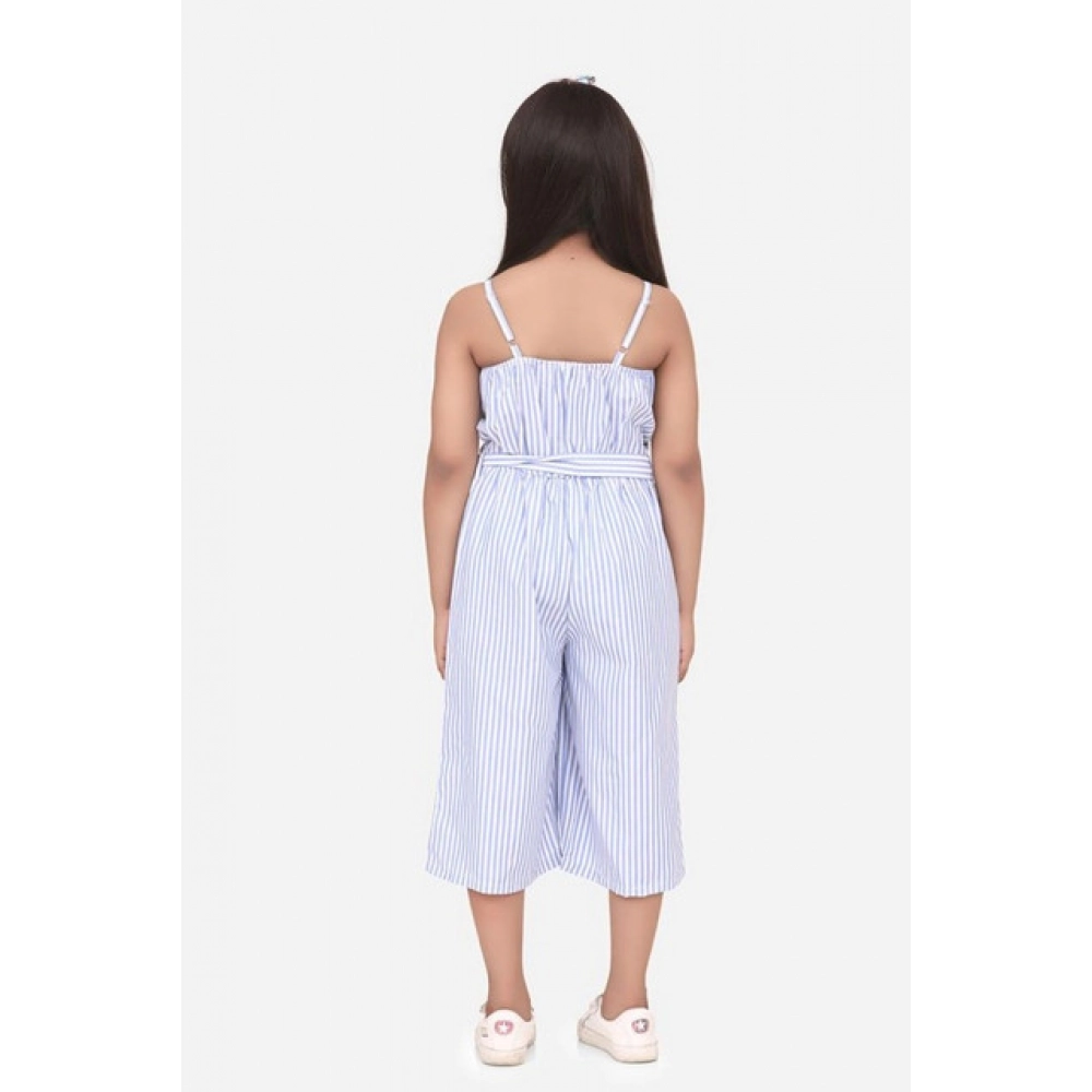 Girl's Polyester Cotton Blend Striped Sleeveless Jumpsuit (Light Blue)