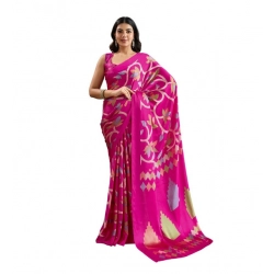 Women's Satin Crepe Printed Saree With Unstitched Blouse 5.5Mtr (Pink)