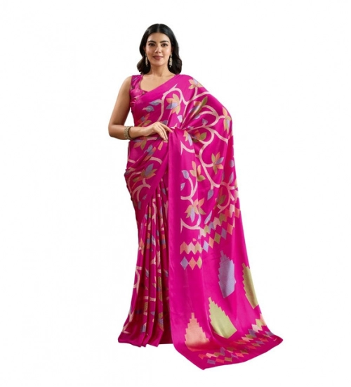 Women's Satin Crepe Printed Saree With Unstitched Blouse 5.5Mtr (Pink)