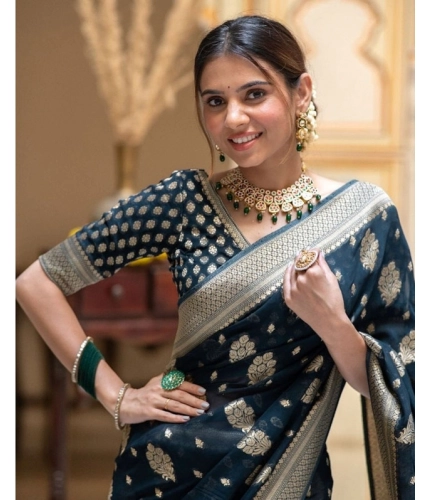 Women's Soft Lichi Silk Printed Saree With Unstitched Blouse 5.5Mtr (Blue) Women's Soft Lichi Silk Printed Saree With Unstitched Blouse 5.5Mtr (Blue)