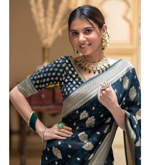 Women's Soft Lichi Silk Printed Saree With Unstitched Blouse 5.5Mtr (Blue)