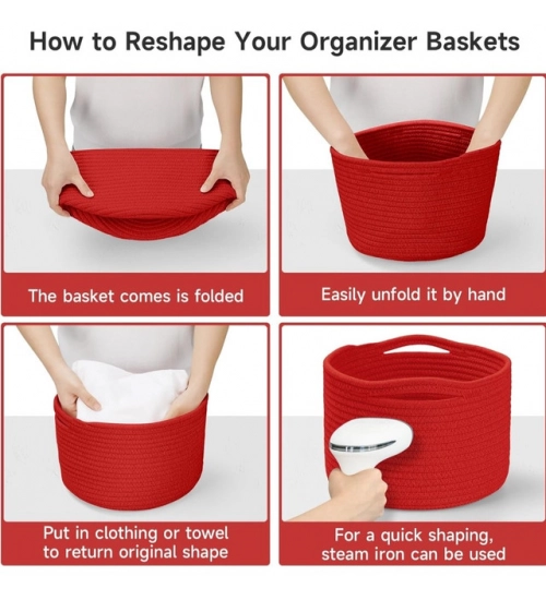 Cotton 9x7 Inch Pack of 3 Storage Basket For Clothes (Red)
