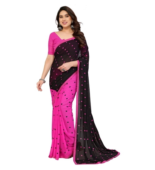 Women's Georgette Printed Saree With Unstitched Blouse 5.5Mtr (Black-Pink)