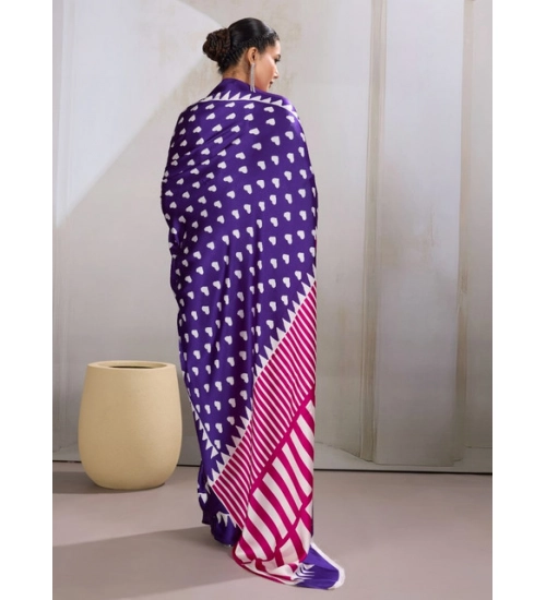 Women's Satin Crepe Printed Saree With Unstitched Blouse 5.5Mtr (Navy Blue)
