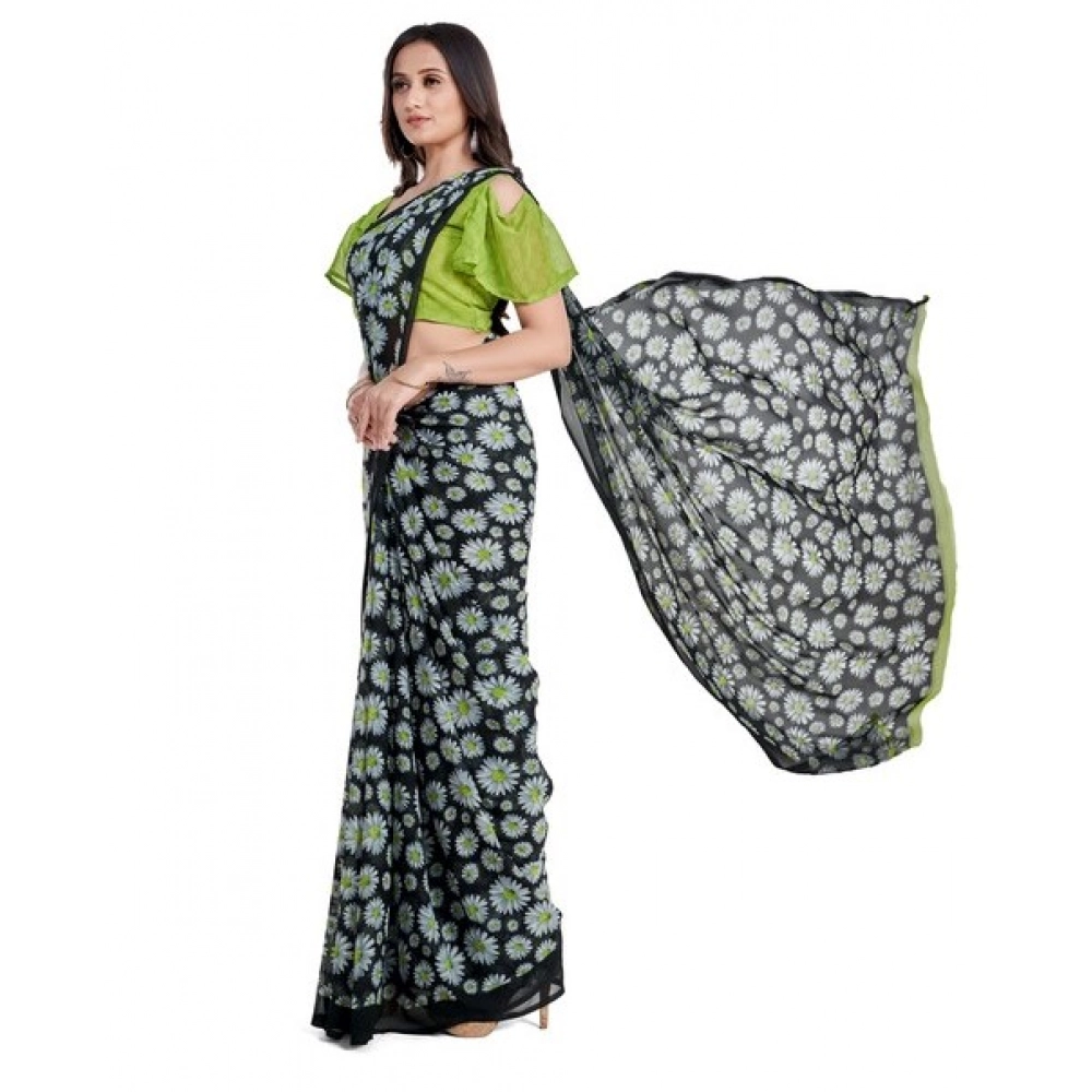 Women's Georgette Printed Saree With Unstitched Blouse 5.5Mtr (Green)