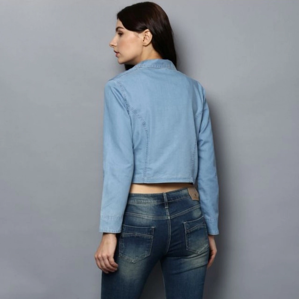 Women's Denim Solid 3-4th Sleeves Shrug (Blue)