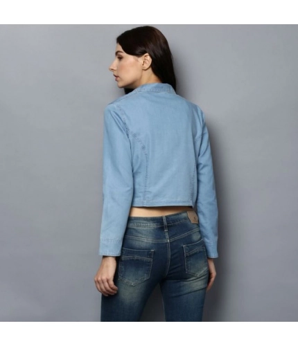 Women's Denim Solid 3-4th Sleeves Shrug (Blue)
