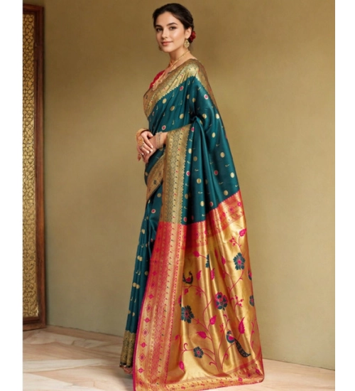 Women's Silk Blend Zari Weaving Saree With Unstitched Blouse 5.5Mtr (Rama)