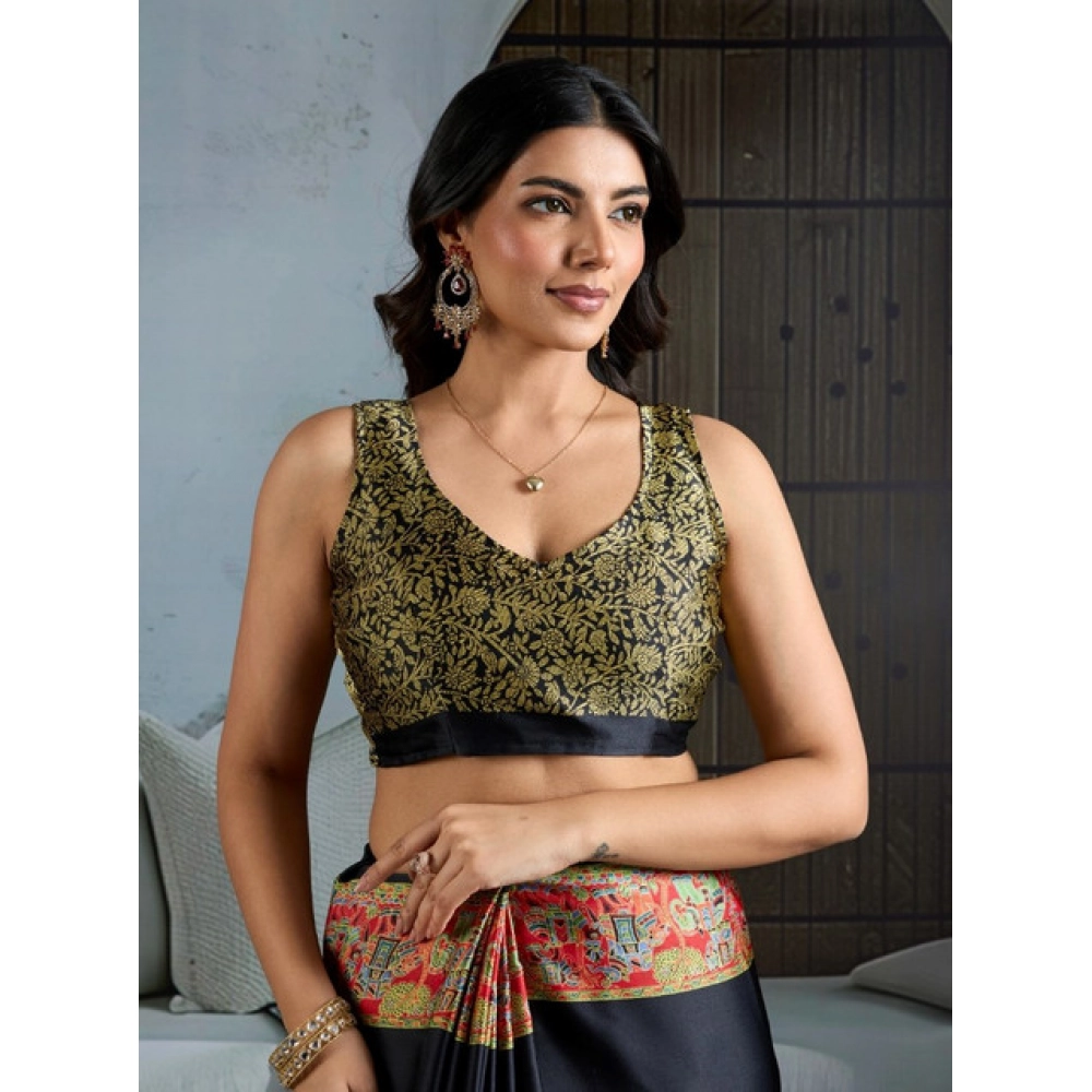Women's Satin Crepe Printed Saree With Unstitched Blouse 5.5Mtr (Blue)