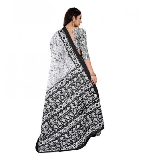 Women's Soft Pure Cotton Printed Saree With Unstitched Blouse 5.5Mtr (Black - White)