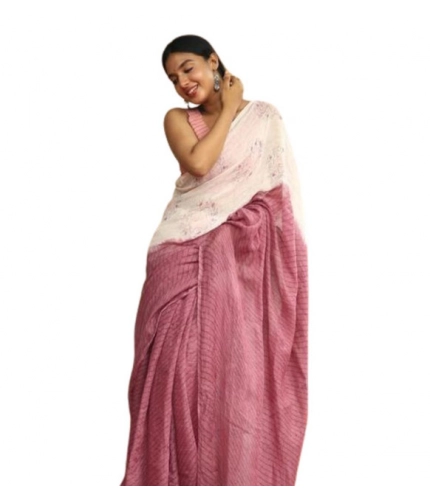 Women's Linen Printed Saree With Unstitched Blouse 5.5Mtr (White)