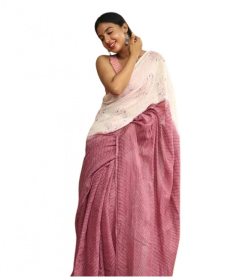 Women's Linen Printed Saree With Unstitched Blouse 5.5Mtr (White)